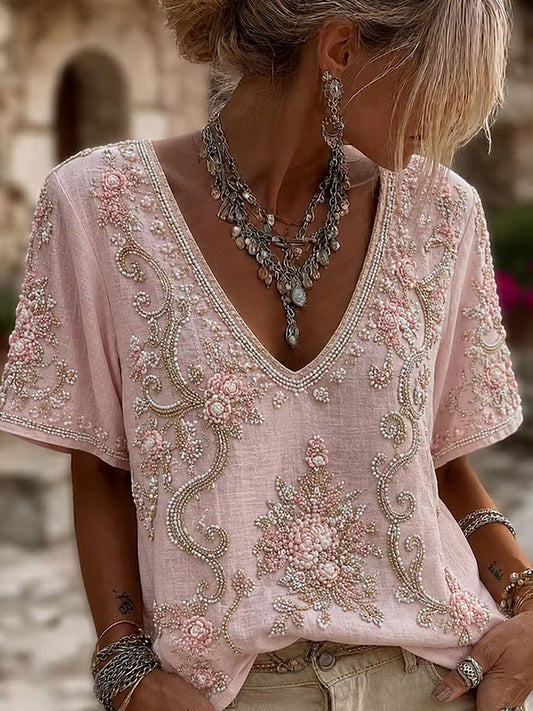 Women's Retro Floral Art Print Casual Cotton Linen Top