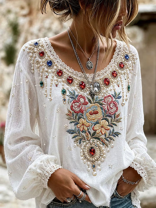 Women's Retro Floral Art Print Casual Cotton Linen Top
