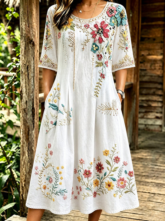 Vintage V-neck Bohemian Floral Print Elegant Chic Loose Midi Dress