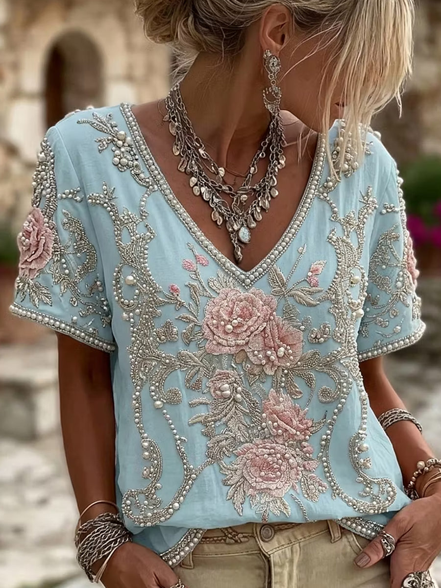 Women's Retro Floral Art Print Casual Cotton Linen Top