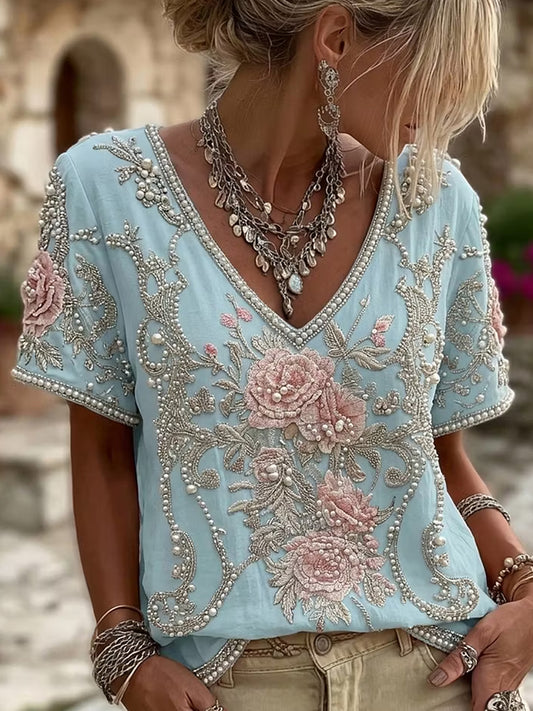 Women's Retro Floral Art Print Casual Cotton Linen Top