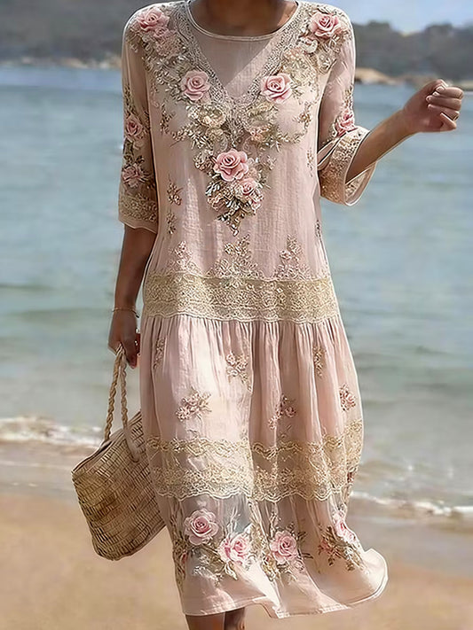 Vintage V-neck Bohemian Floral Print Elegant Chic Loose Midi Dress