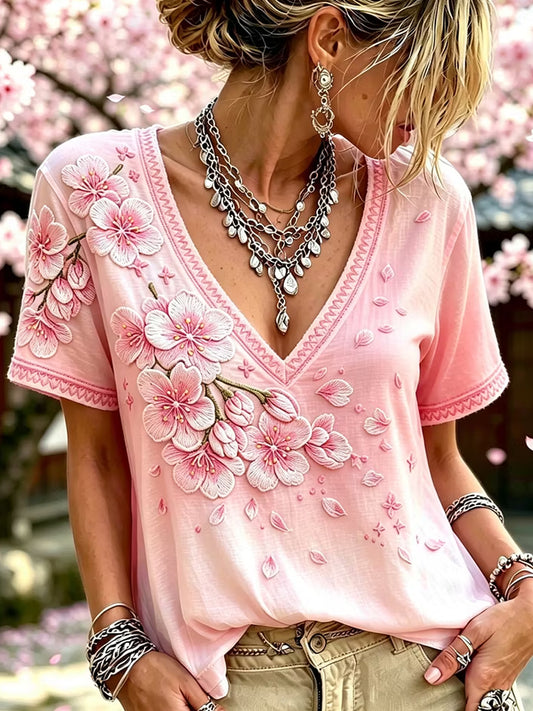 Women's Retro Floral Art Print Casual Cotton Linen Top