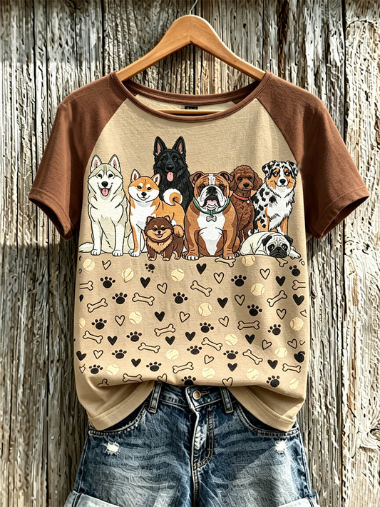 Women's cut dog pattern printed round neck short sleeve T-shirt