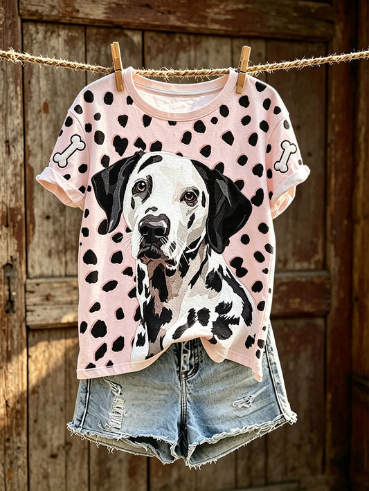 Women's cut dog pattern printed round neck short sleeve T-shirt