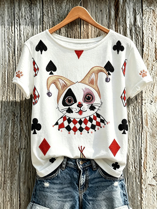 Women's Poker Cat Pattern Casual Washed T-shirt