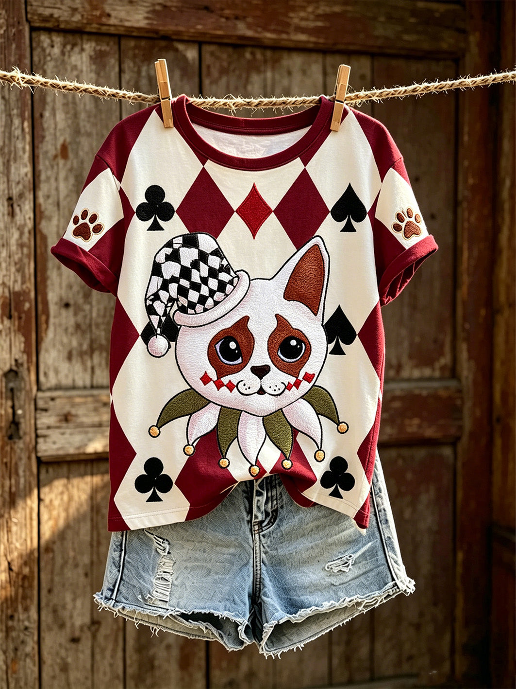 Women's Poker Cat Pattern Casual Washed T-shirt