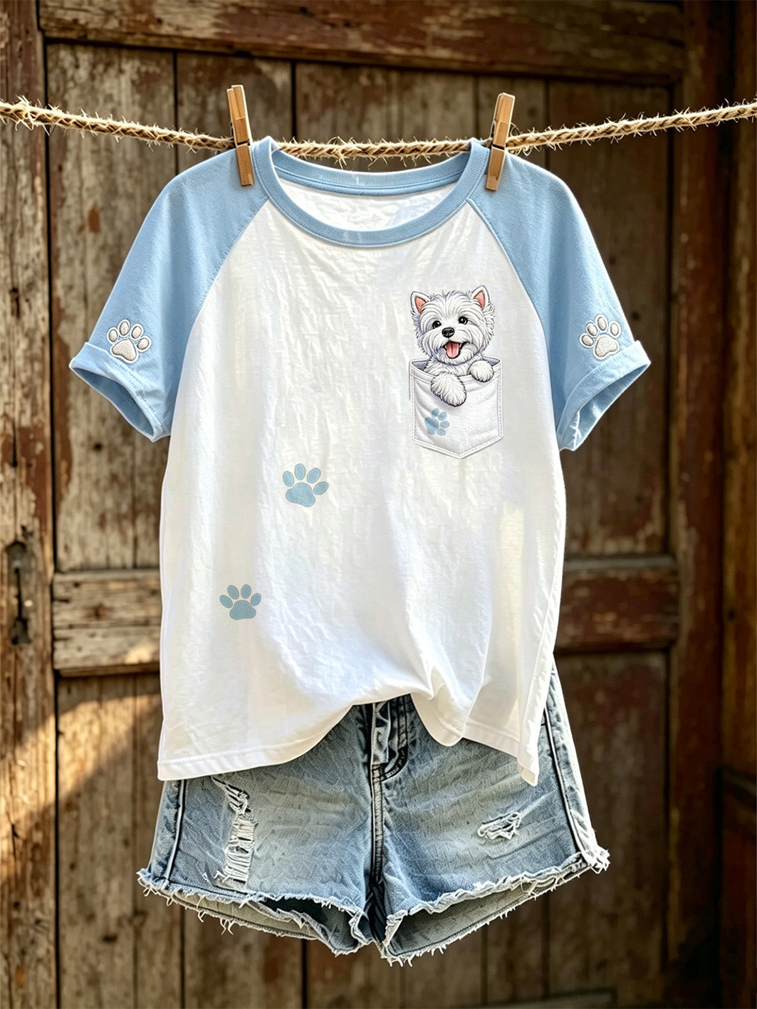 Women's cut dog pattern printed round neck short sleeve T-shirt