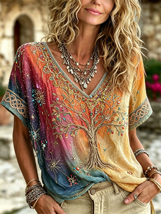 Women's Viking Tree of Life Hippie Art Print Gradient Color linen short-sleeved T-shirt