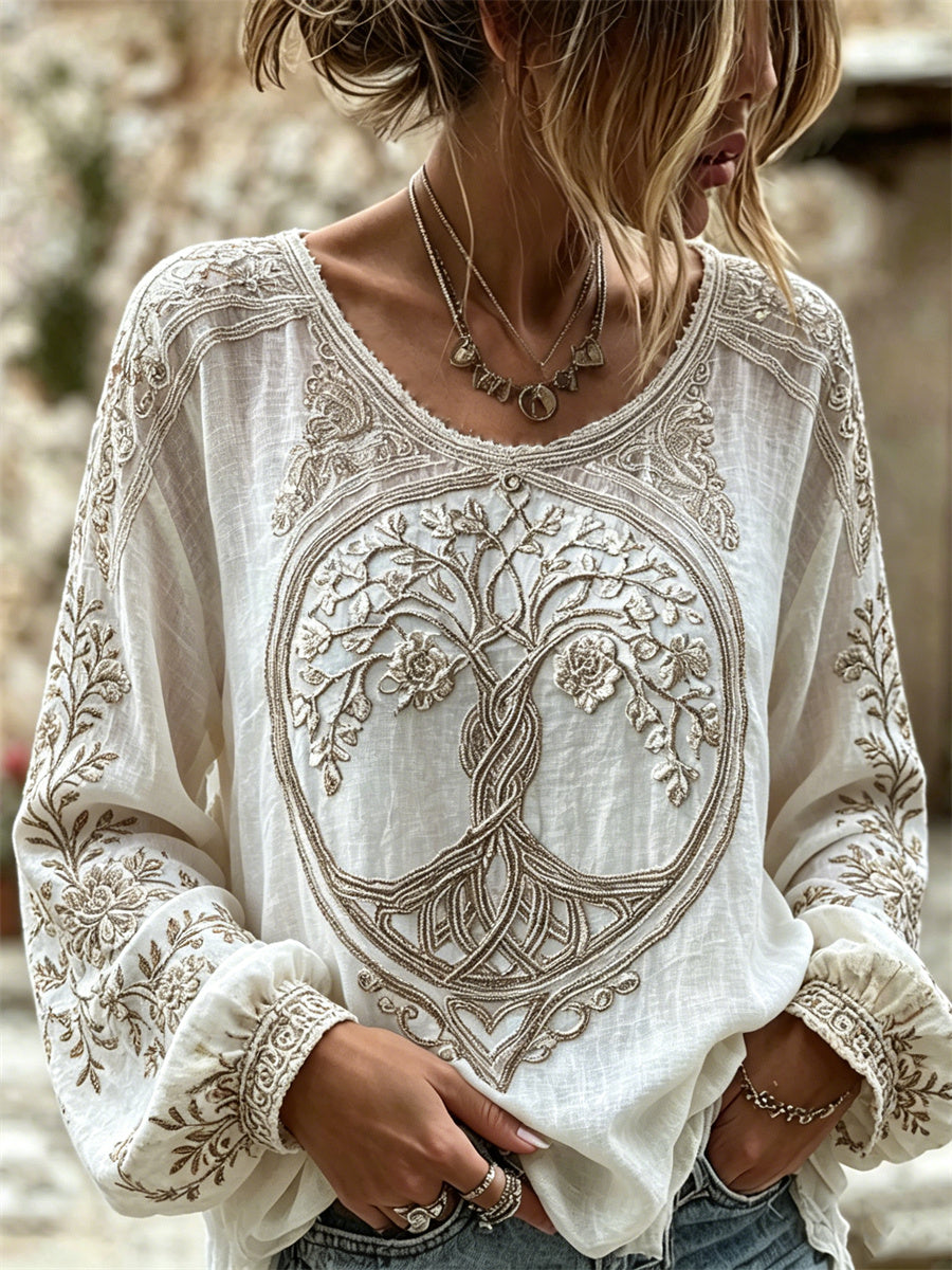 Women's Classy Floral Viking Tree of Life Celtic Knot Print Cotton-Linen Shirt