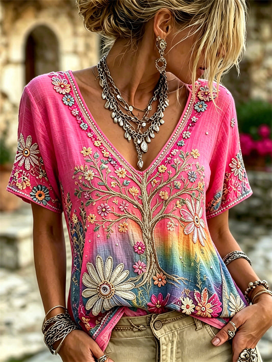 Women's Viking Tree of Life Hippie Floral Print Gradient Color linen short-sleeved T-shirt