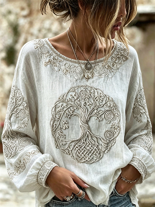 Women's Classy Floral Viking Tree of Life Celtic Knot Print Cotton-Linen Shirt