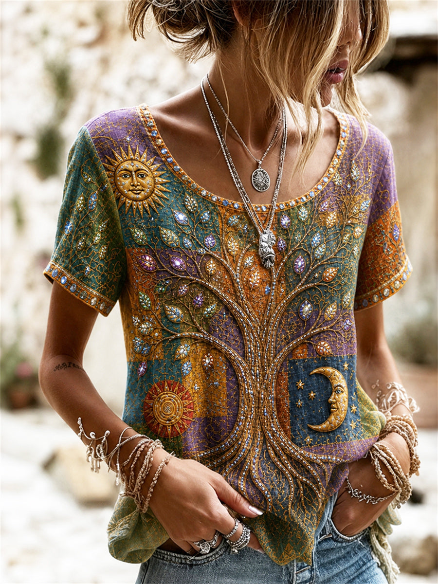 Women's Viking Tree of Life Hippie Art Colorblock Print linen short-sleeved T-shirt