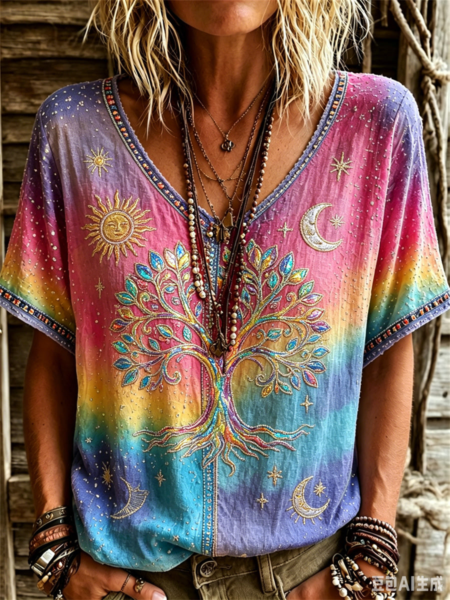 Women's Viking Tree of Life Hippie Art Print Gradient Color linen short-sleeved T-shirt