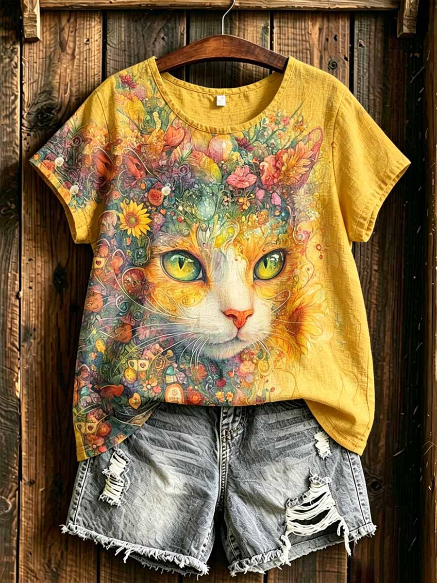 Women's Romantic Cat Pattern Printed T-Shirt