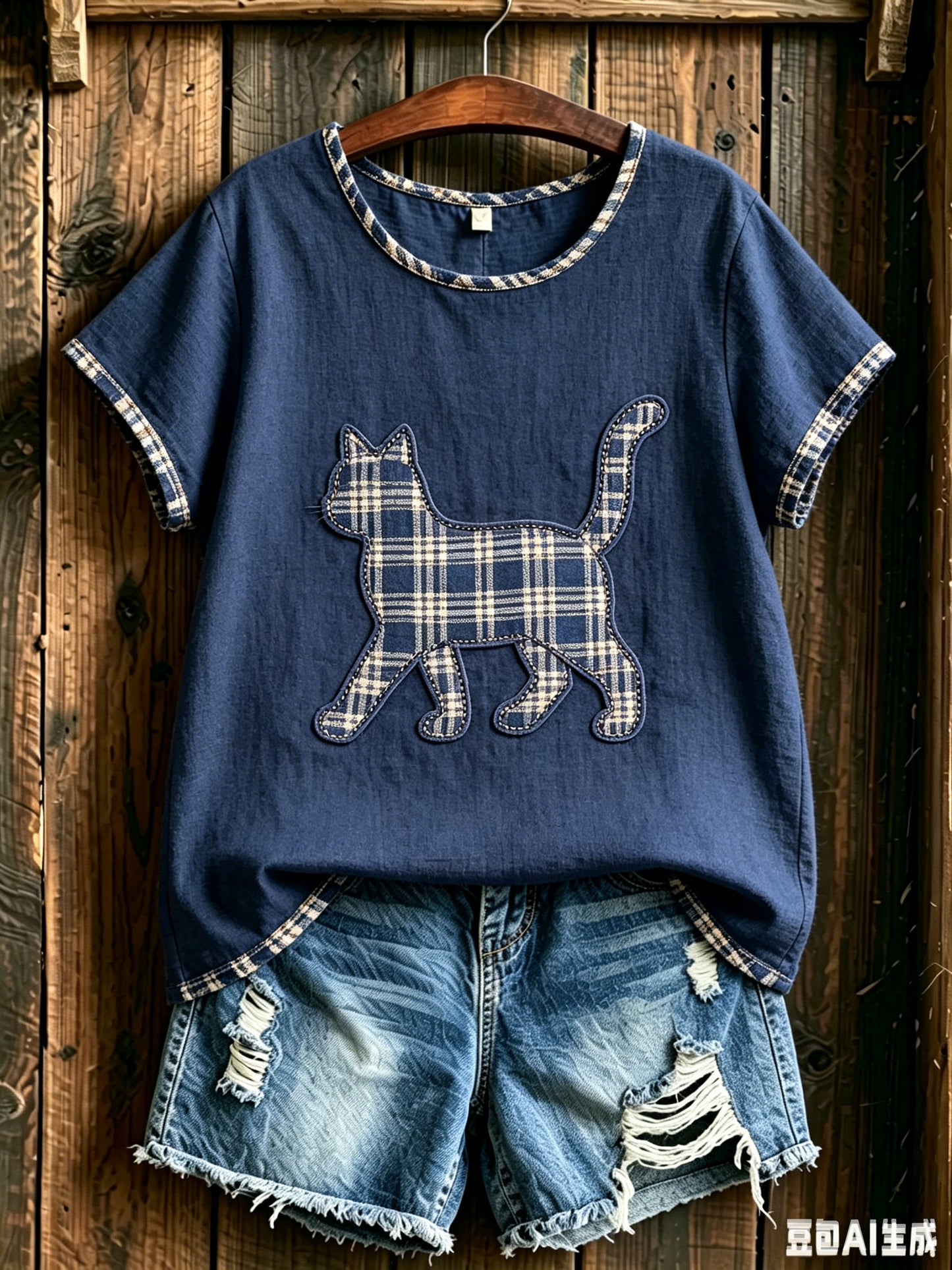 Women's Fashion Plaid Cat Print T-Shirt