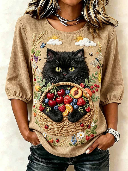 Women's Romantic Cat Pattern Printed T-Shirt