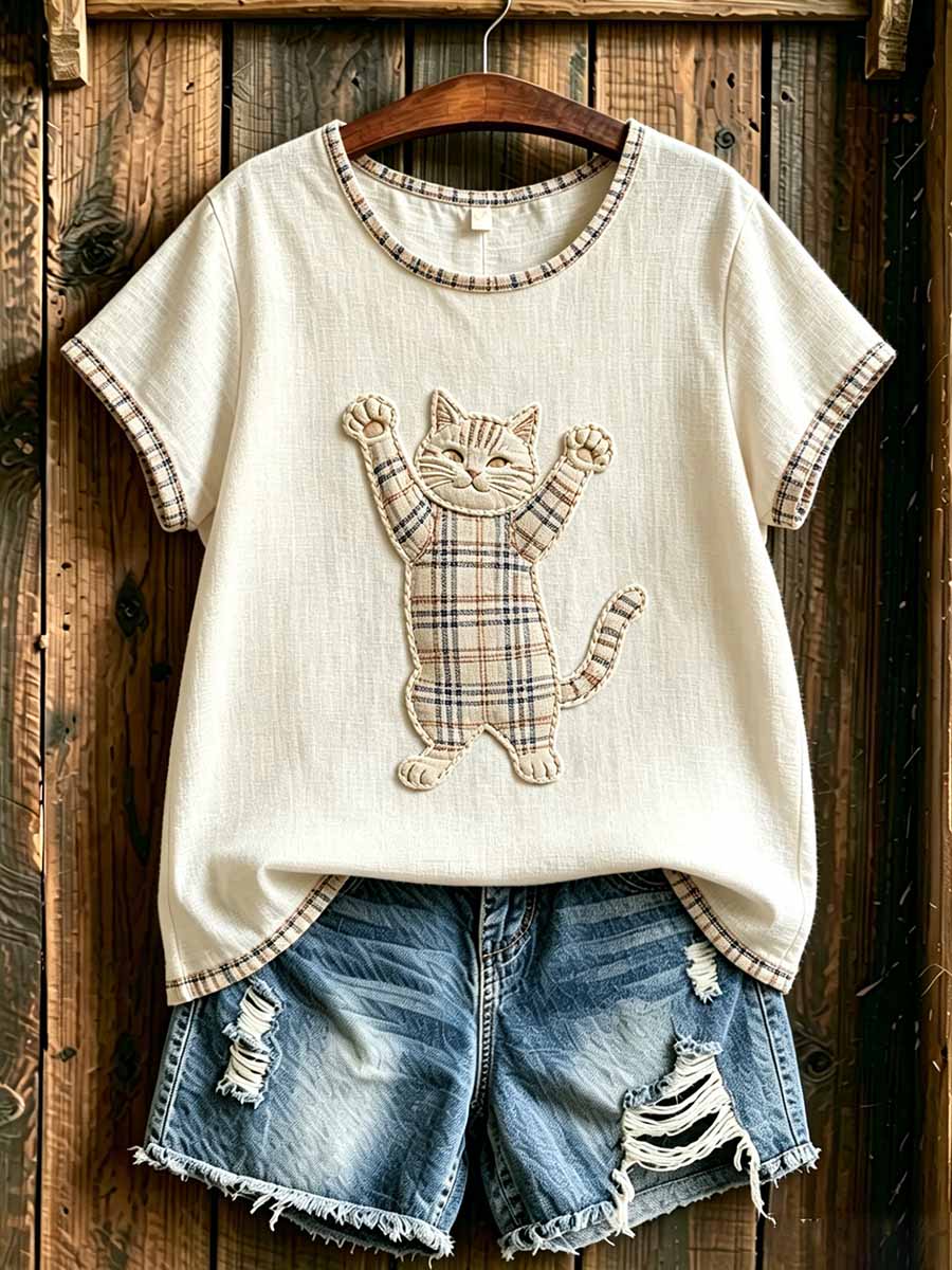 Women's Fashion Plaid Cat Print T-Shirt