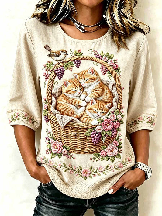 Women's Romantic Cat Pattern Printed T-Shirt