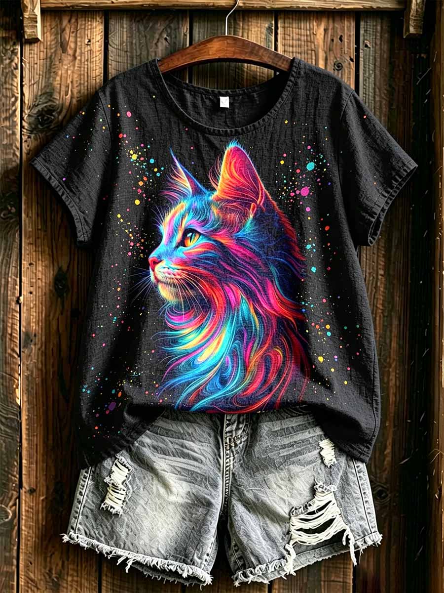 Women's Fashion Colorful Striped Cat Print T-Shirt