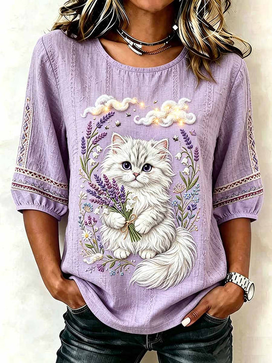 Women's Romantic Cat Pattern Printed T-Shirt