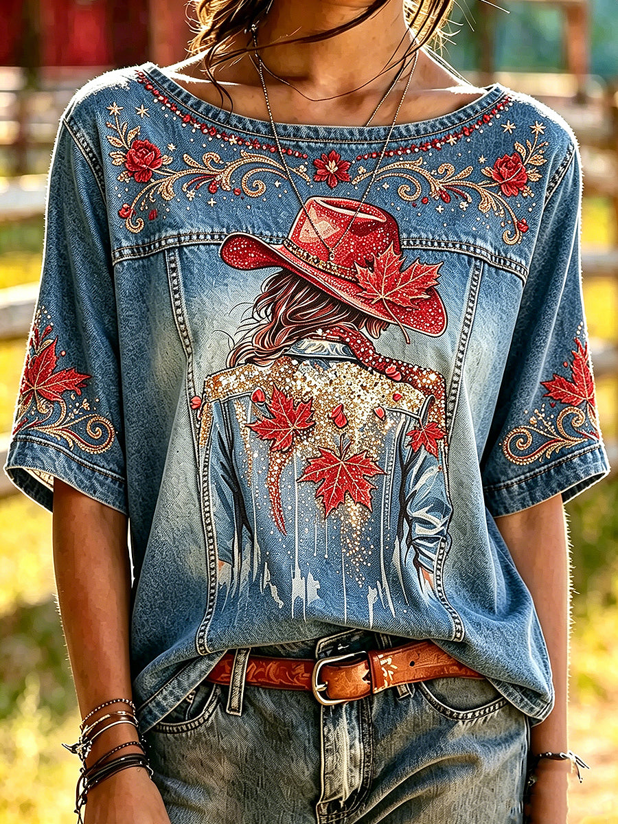 Women's Calgary Stampede Printed Vintage Fashion Loose Short Sleeve T-Shirt