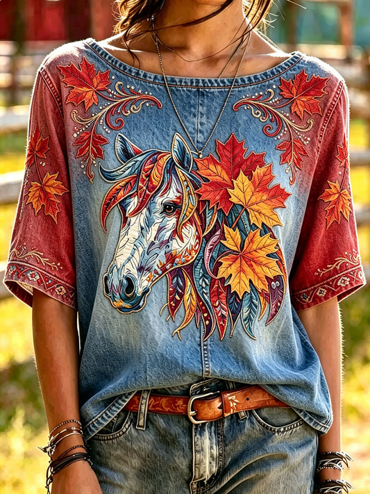 Women's Calgary Stampede Horse Printed Vintage Fashion Loose Short Sleeve T-Shirt