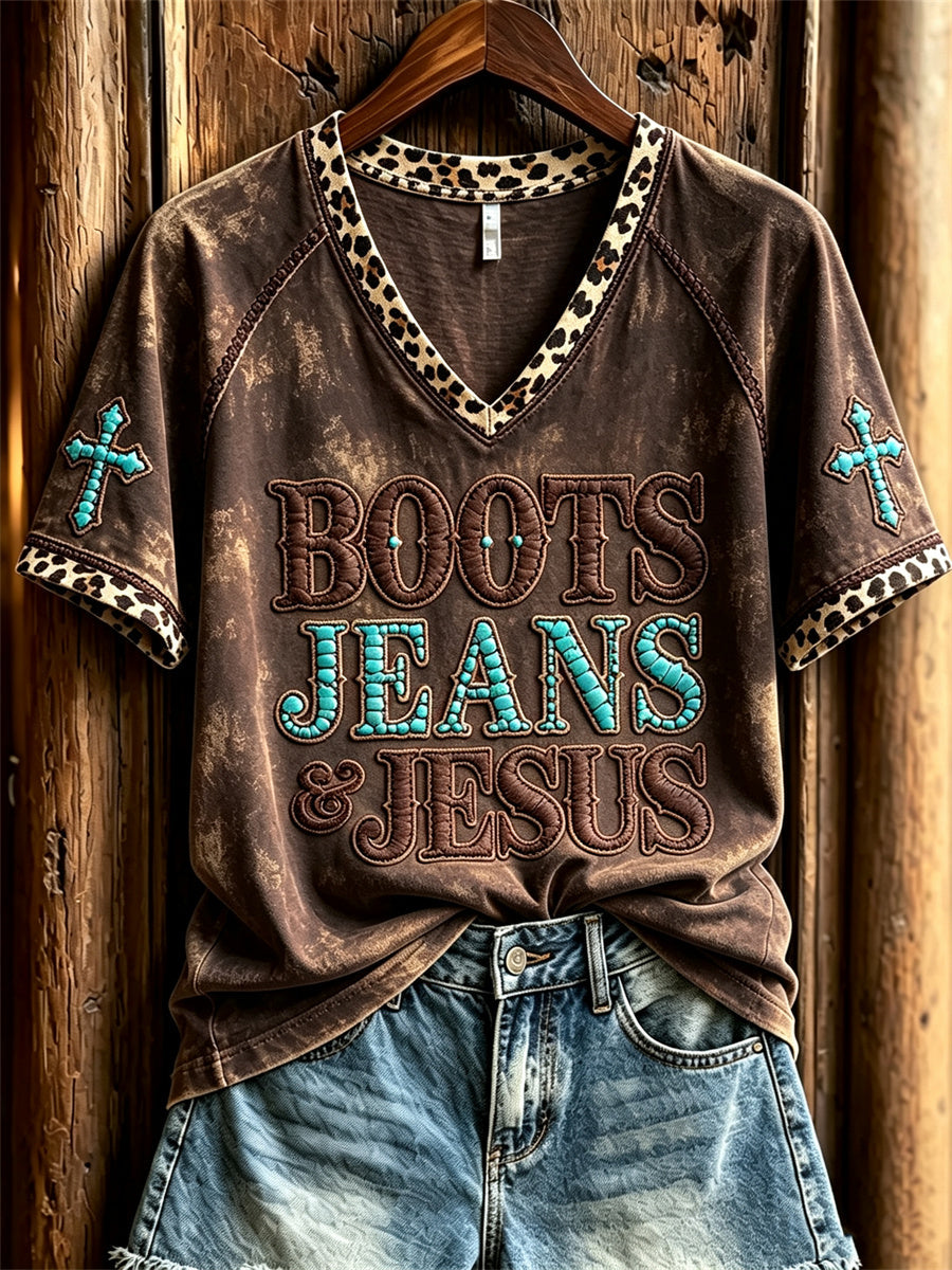 Damen-Vintage-Stiefel Jeans & Jesus Western Cross Kurzarm-T-Shirt mit Leoparden muster