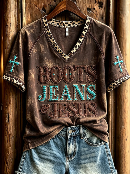 Damen-Vintage-Stiefel Jeans & Jesus Western Cross Kurzarm-T-Shirt mit Leoparden muster