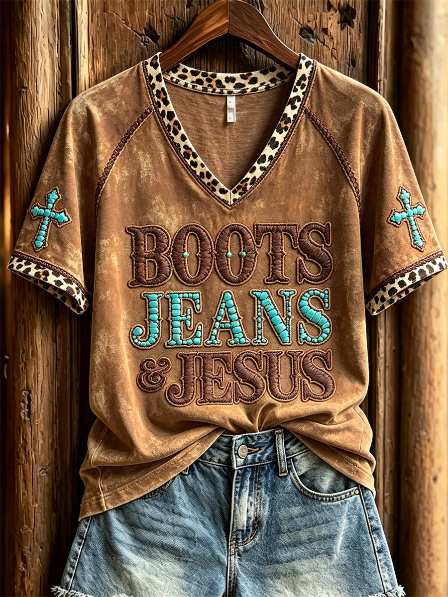Damen-Vintage-Stiefel Jeans & Jesus Western Cross Kurzarm-T-Shirt mit Leoparden muster