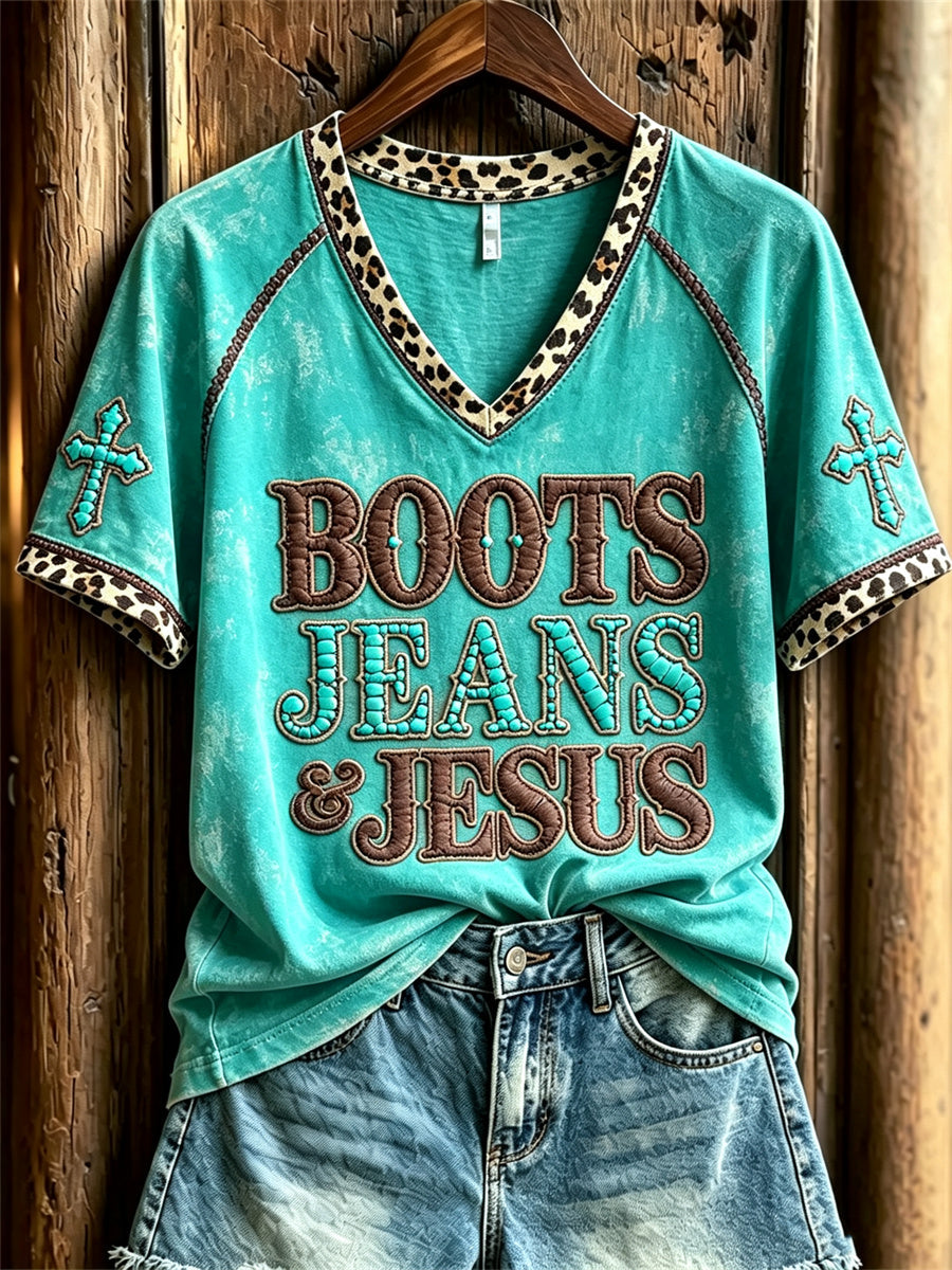 Damen-Vintage-Stiefel Jeans & Jesus Western Cross Kurzarm-T-Shirt mit Leoparden muster