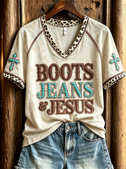 Damen-Vintage-Stiefel Jeans & Jesus Western Cross Kurzarm-T-Shirt mit Leoparden muster