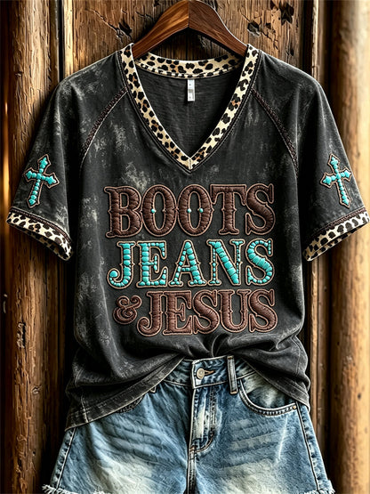 Damen-Vintage-Stiefel Jeans & Jesus Western Cross Kurzarm-T-Shirt mit Leoparden muster