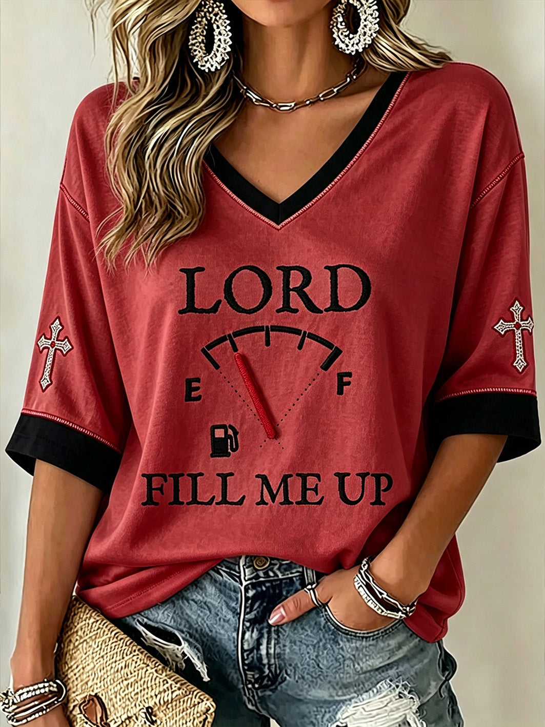 Frauen Faith Theme Print Muster gedruckt lässig mittellange Ärmel V-Ausschnitt T-Shirt