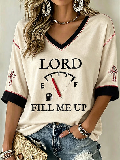 Frauen Faith Theme Print Muster gedruckt lässig mittellange Ärmel V-Ausschnitt T-Shirt