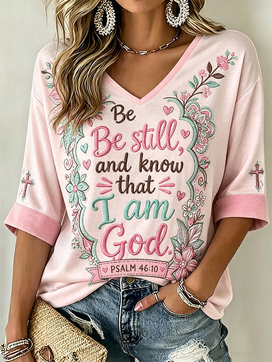Damen-T-Shirt mit V-Ausschnitt mit Spaß-Slogan muster bedrucktes lässiges Mittellänge ärmel