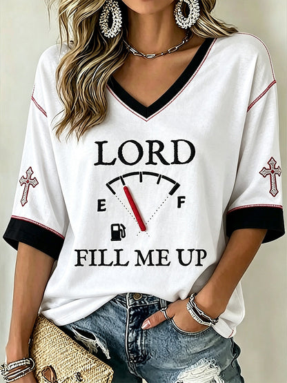 Frauen Faith Theme Print Muster gedruckt lässig mittellange Ärmel V-Ausschnitt T-Shirt