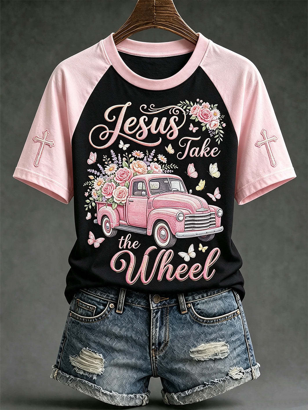 Lässiges Kurzarm-T-Shirt für Damen mit verspielter, glaubensbezogener Spruch- und Muster-Optik
