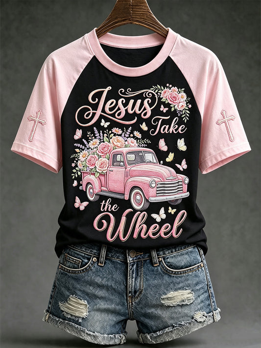 Lässiges Kurzarm-T-Shirt für Damen mit verspielter, glaubensbezogener Spruch- und Muster-Optik