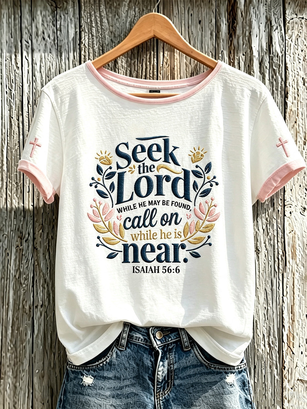 Lässiges Kurzarm-T-Shirt für Damen mit verspielter, glaubensbezogener Spruch- und Muster-Optik