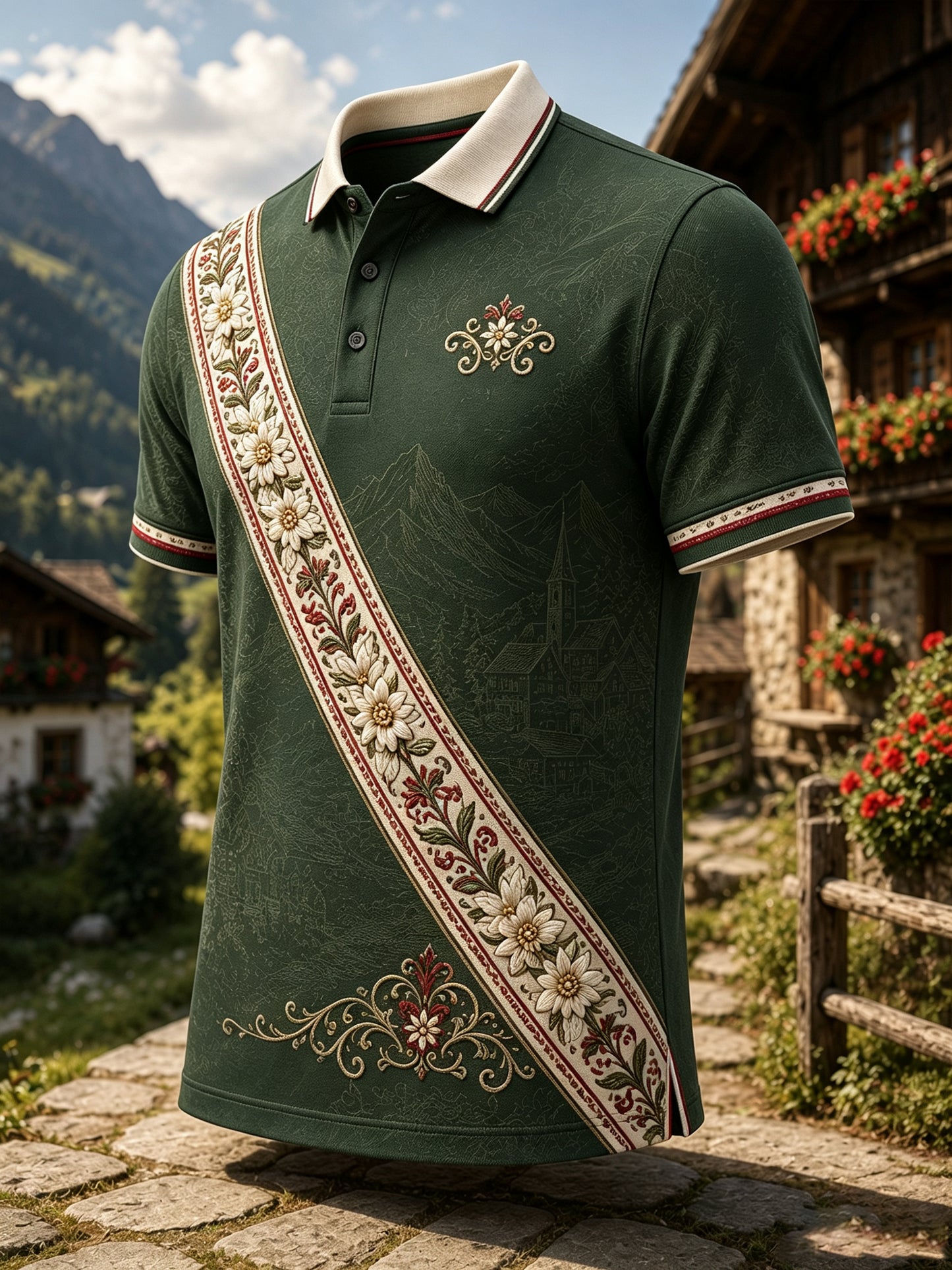 Herren-Polo mit Kunstdruck im österreichischen Landhausstil