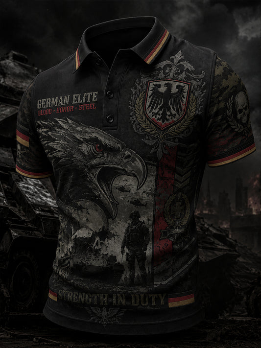 Herren-Poloshirt mit kurzen Ärmeln und Vintage-Print im Militärstil