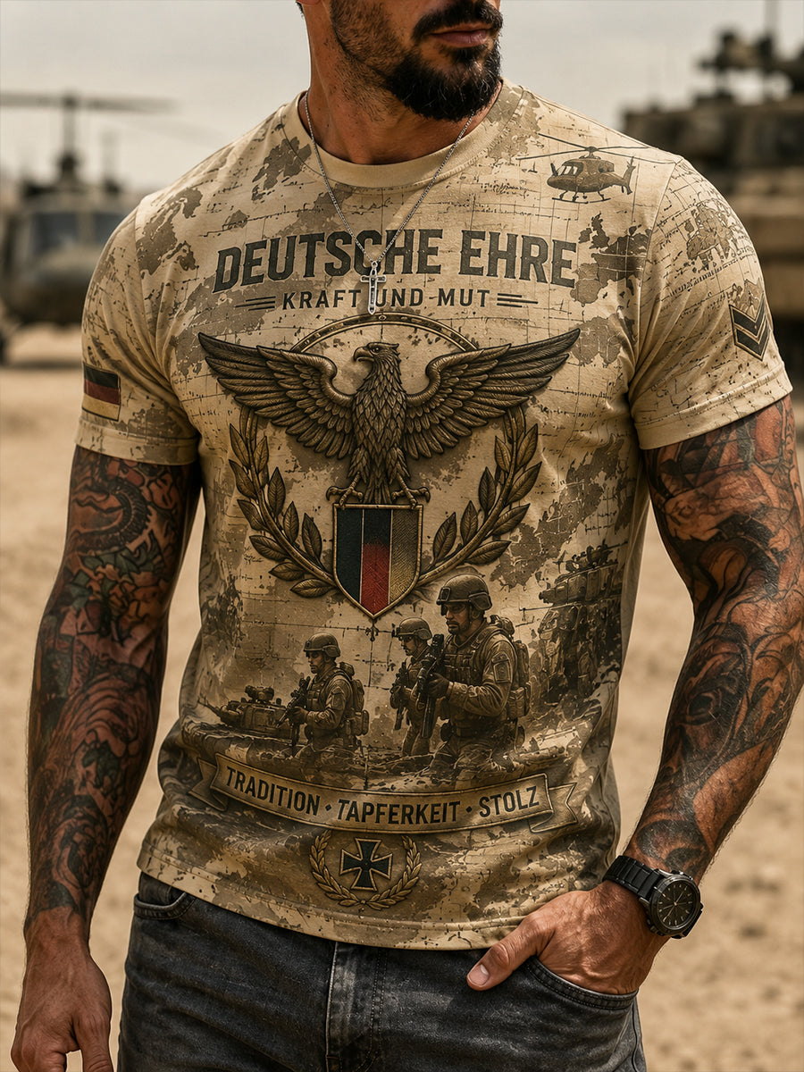 Herren-T-Shirt mit kurzen Ärmeln und Vintage-Print im Militärstil