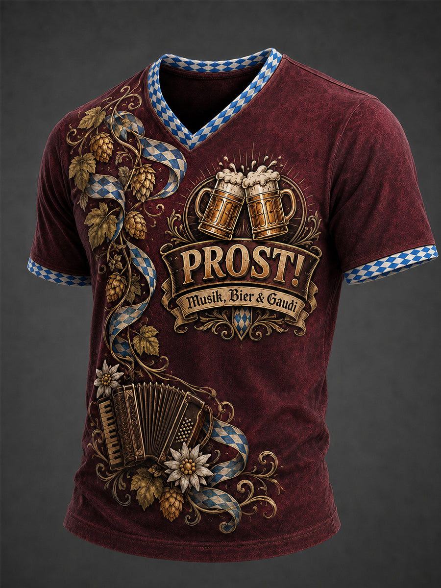 Herren-Oktoberfest Prost! Bedrucktes Freizeit-T-Shirt mit V-Ausschnitt