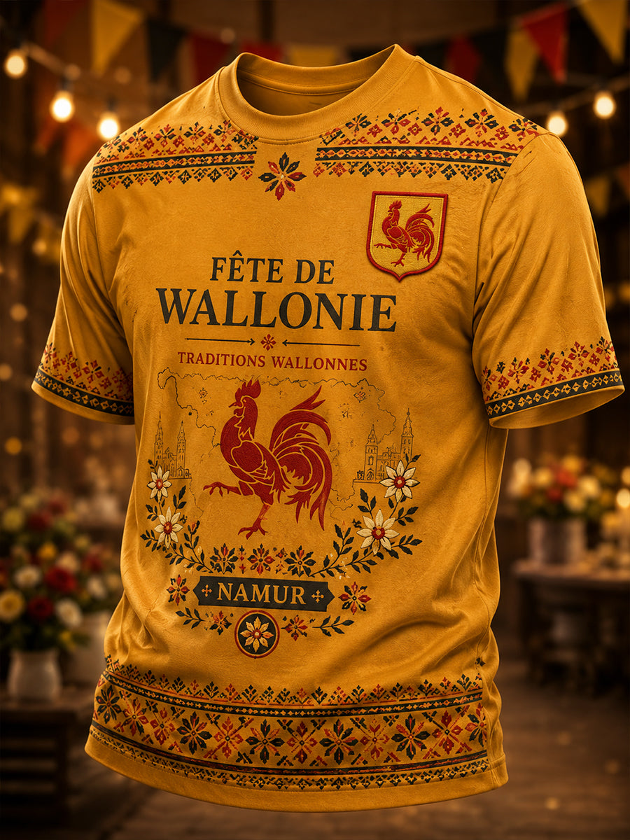 Herren-T-Shirt mit kurzen Ärmeln und einem vom wallonischen Folklorefestival inspirierten Print