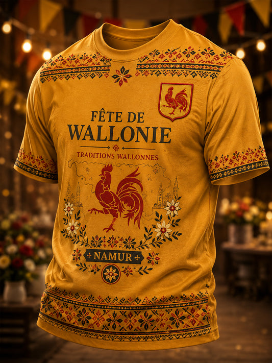 Herren-T-Shirt mit kurzen Ärmeln und einem vom wallonischen Folklorefestival inspirierten Print