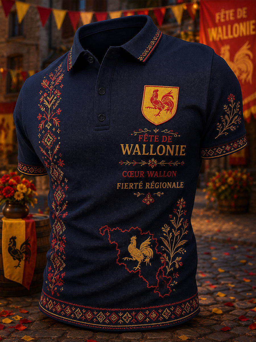 Kurzärmliges Herren-Polos hirt mit wallon ischen Folklore-Festival-inspirierter Print
