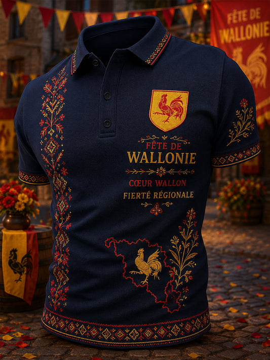 Kurzärmliges Herren-Polos hirt mit wallon ischen Folklore-Festival-inspirierter Print
