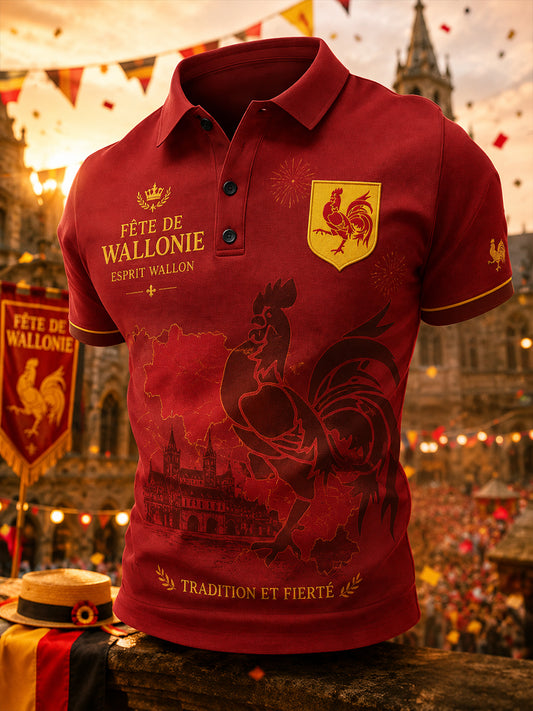 Herren-Poloshirt mit kurzen Ärmeln und einem vom wallonischen Folklorefestival inspirierten Print