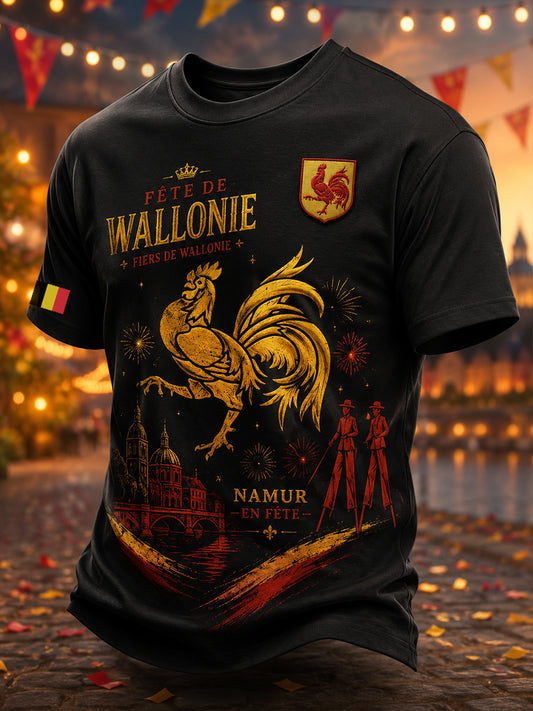 Herren-T-Shirt mit kurzen Ärmeln und einem vom wallonischen Folklorefestival inspirierten Print